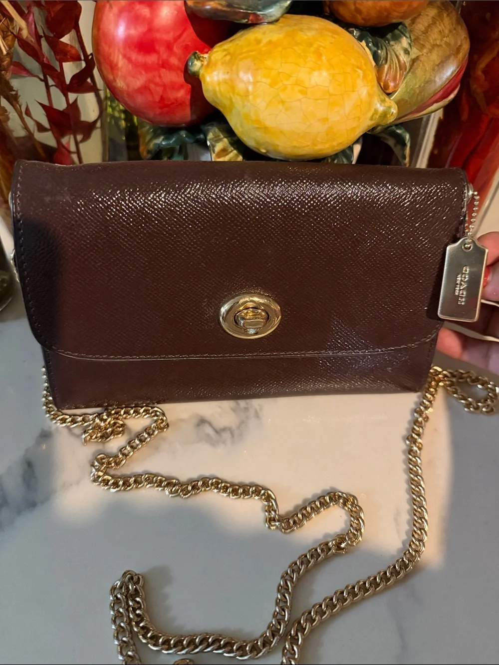 Coach Dark Brown Crossbody Wallet with Gold Chain Open to Offers!
